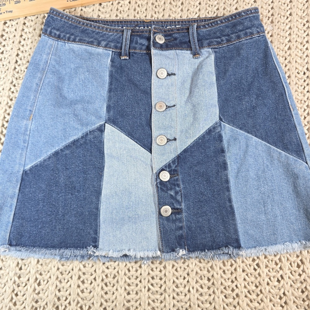 American Eagle Denim Skirt Hi Rise Festival Mini Patchwork Jean Size 4 Waist 24"